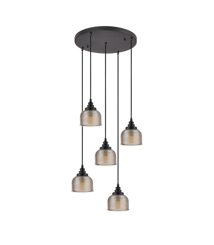 DeRuyter 5 Light Round Pendant E27 Satin Black/Prismatic Dome Glass Amber-4