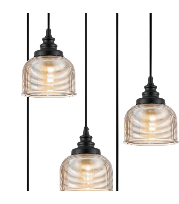 DeRuyter 5 Light Round Pendant E27 Satin Black/Prismatic Dome Glass Amber-6