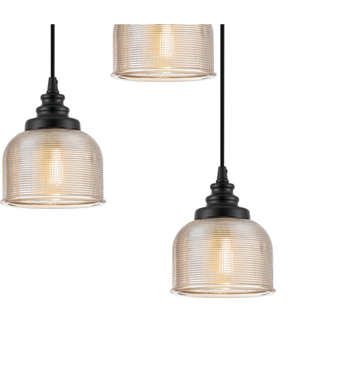 DeRuyter 5 Light Round Pendant E27 Satin Black/Prismatic Dome Glass Amber-7