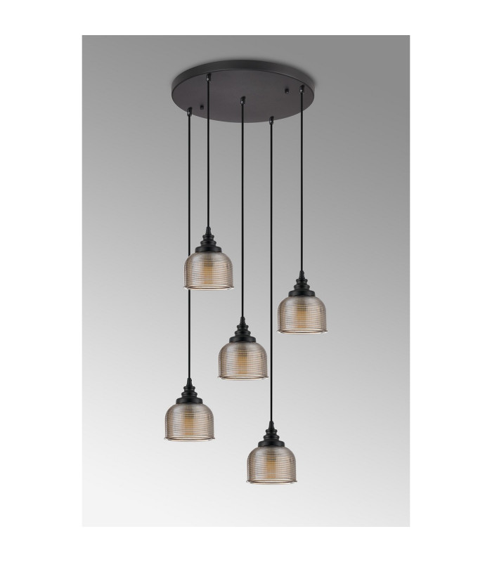DeRuyter 5 Light Round Pendant E27 Satin Black/Prismatic Dome Glass Amber-8