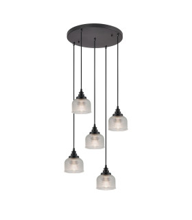 DeRuyter 5 Light Round Pendant E27 Satin Black/Prismatic Dome Glass Clear-1