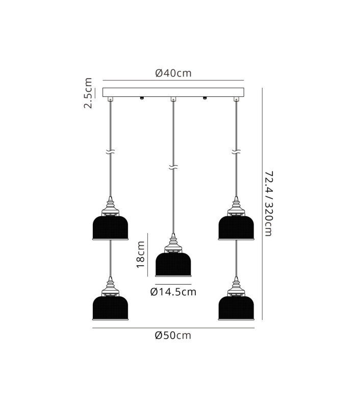 DeRuyter 5 Light Round Pendant E27 Satin Black/Prismatic Dome Glass Clear-2