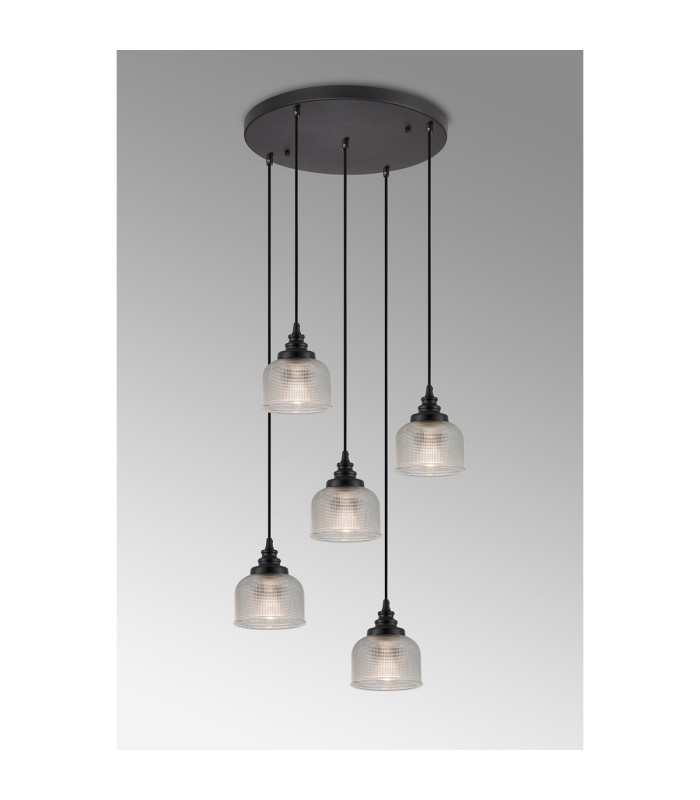 DeRuyter 5 Light Round Pendant E27 Satin Black/Prismatic Dome Glass Clear-3