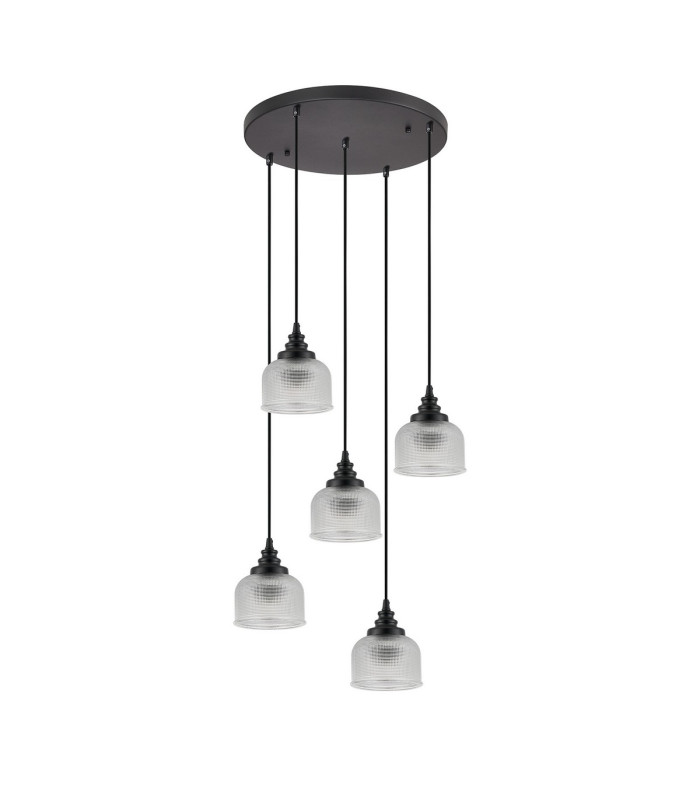 DeRuyter 5 Light Round Pendant E27 Satin Black/Prismatic Dome Glass Clear-4