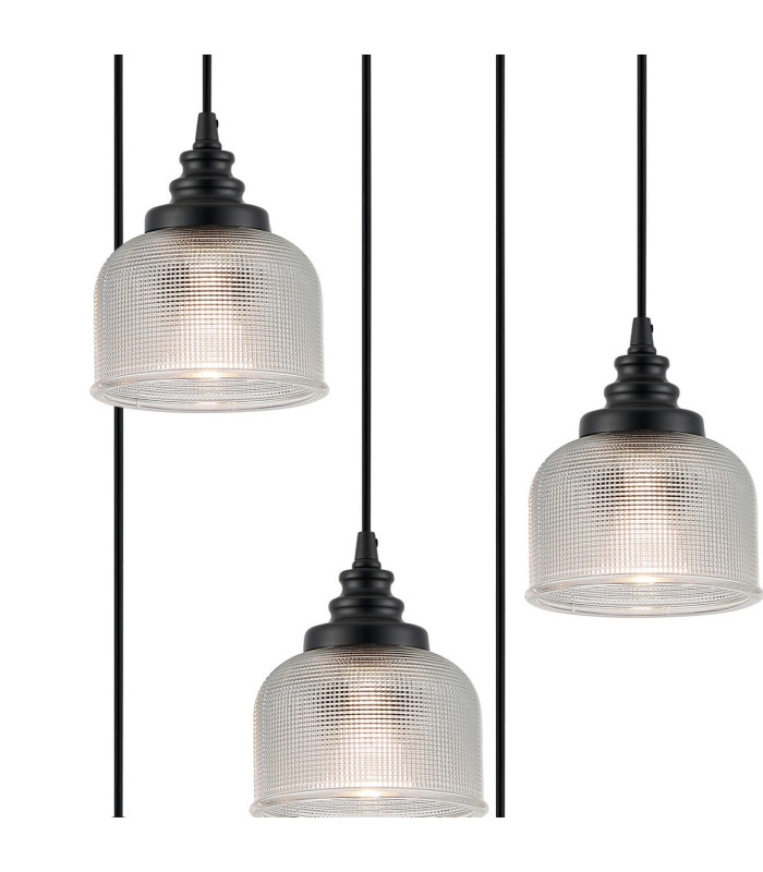 DeRuyter 5 Light Round Pendant E27 Satin Black/Prismatic Dome Glass Clear-6