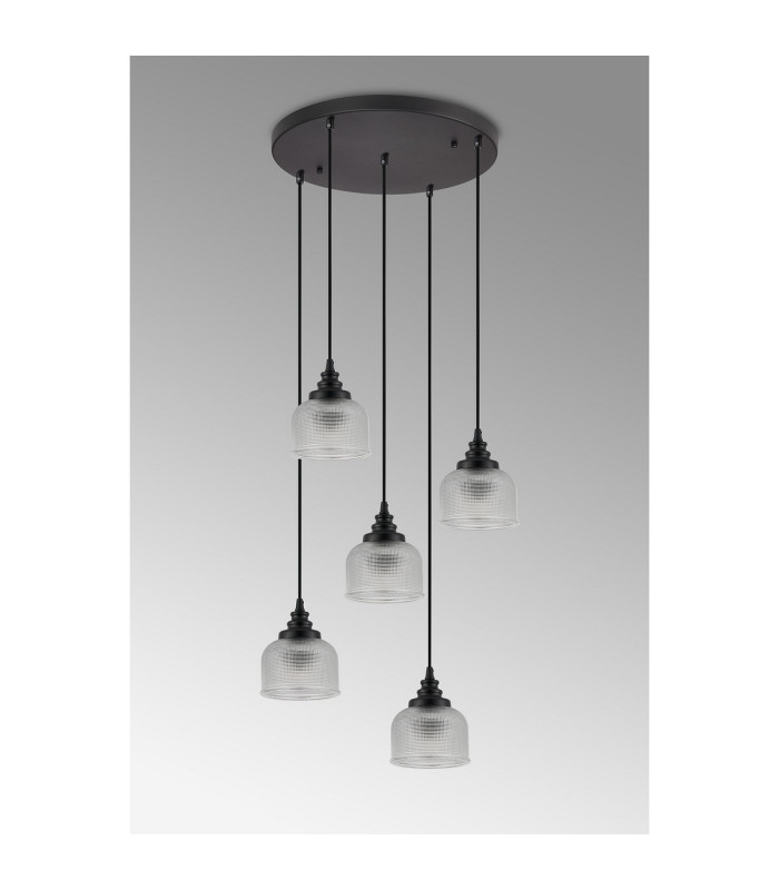 DeRuyter 5 Light Round Pendant E27 Satin Black/Prismatic Dome Glass Clear-8