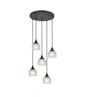 DeRuyter 5 Light Round Pendant E27 Satin Black/Prismatic Dome Glass Frosted-1