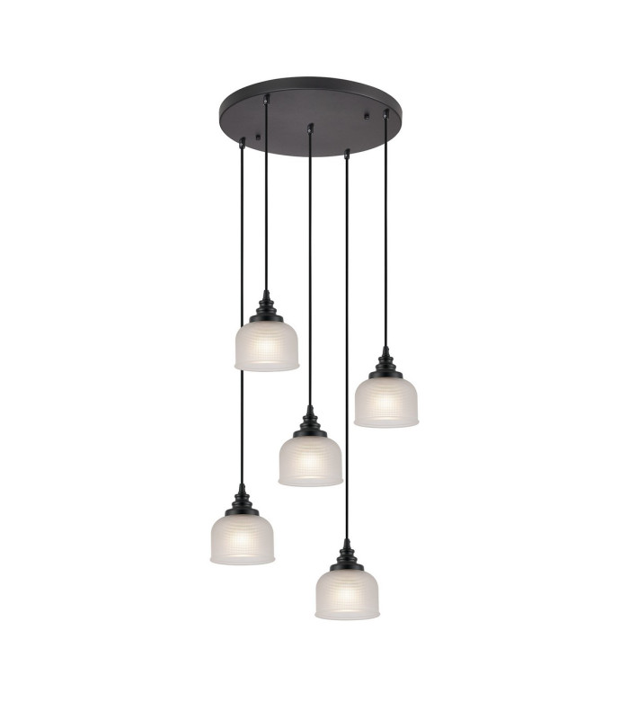DeRuyter 5 Light Round Pendant E27 Satin Black/Prismatic Dome Glass Frosted-1