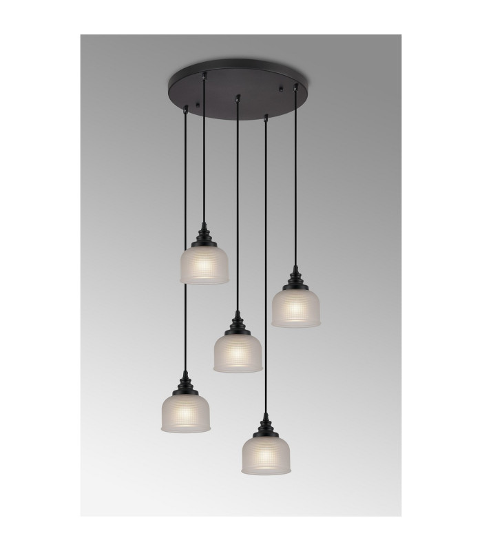 DeRuyter 5 Light Round Pendant E27 Satin Black/Prismatic Dome Glass Frosted-3