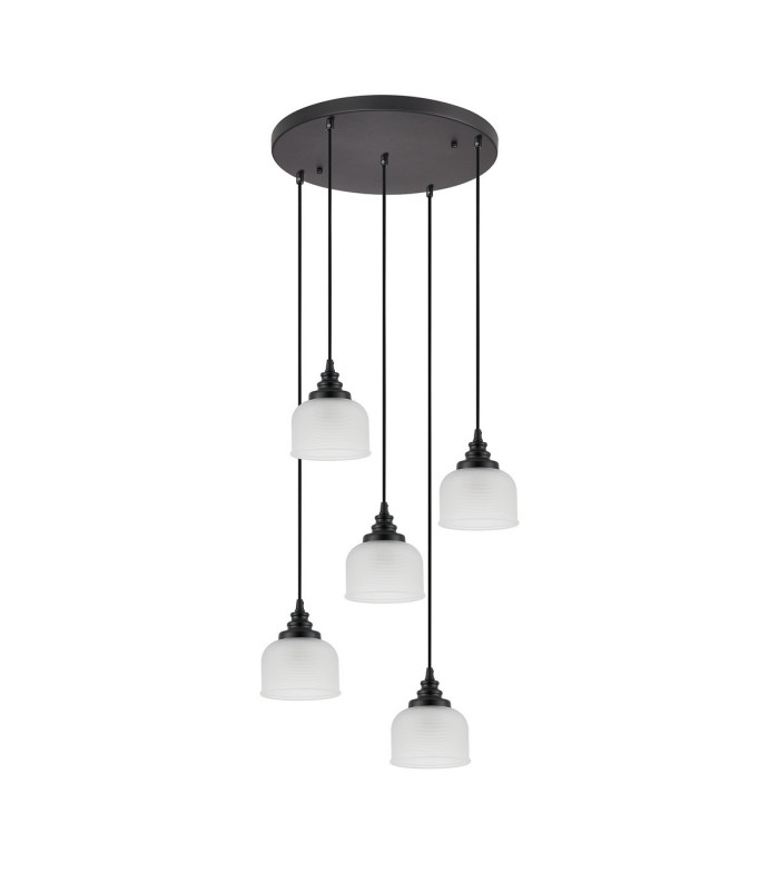DeRuyter 5 Light Round Pendant E27 Satin Black/Prismatic Dome Glass Frosted-4