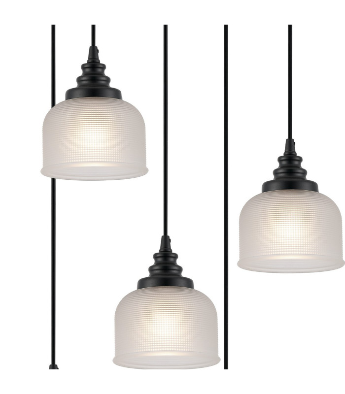 DeRuyter 5 Light Round Pendant E27 Satin Black/Prismatic Dome Glass Frosted-6
