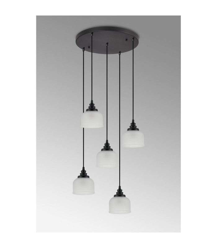 DeRuyter 5 Light Round Pendant E27 Satin Black/Prismatic Dome Glass Frosted-8