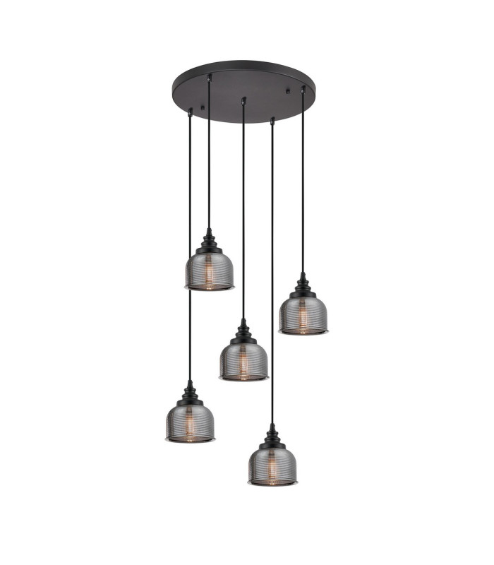 DeRuyter 5 Light Round Pendant E27 Satin Black/Prismatic Dome Glass Smoke-1