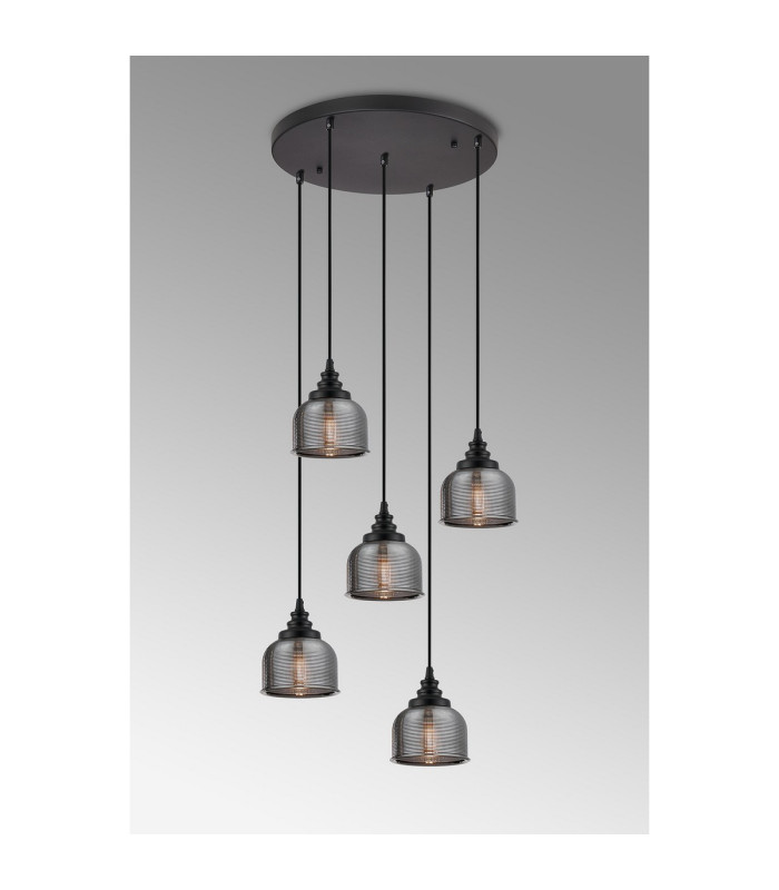DeRuyter 5 Light Round Pendant E27 Satin Black/Prismatic Dome Glass Smoke-3