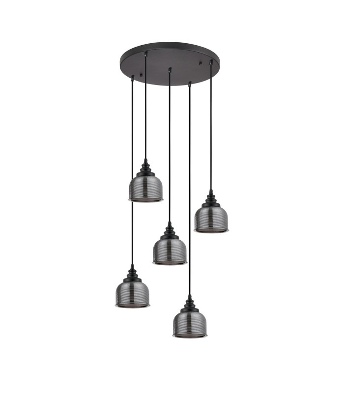DeRuyter 5 Light Round Pendant E27 Satin Black/Prismatic Dome Glass Smoke-4
