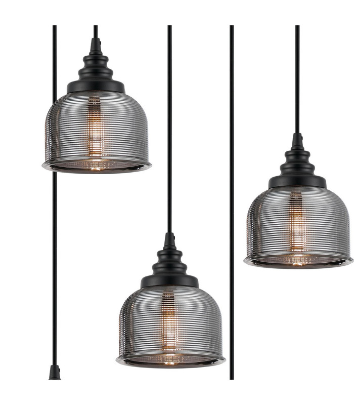 DeRuyter 5 Light Round Pendant E27 Satin Black/Prismatic Dome Glass Smoke-6