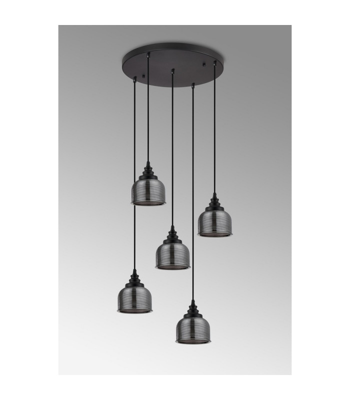 DeRuyter 5 Light Round Pendant E27 Satin Black/Prismatic Dome Glass Smoke-8