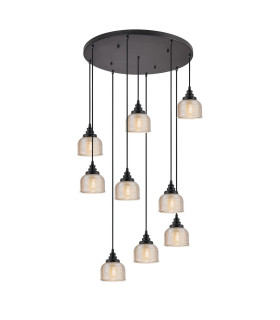 DeRuyter 9 Light Round Pendant E27 Satin Black/Prismatic Dome Glass Amber-1