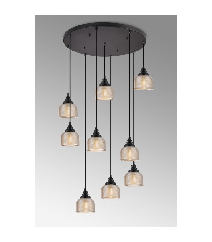 DeRuyter 9 Light Round Pendant E27 Satin Black/Prismatic Dome Glass Amber-3