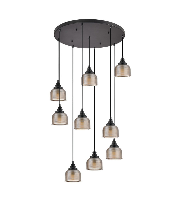 DeRuyter 9 Light Round Pendant E27 Satin Black/Prismatic Dome Glass Amber-4
