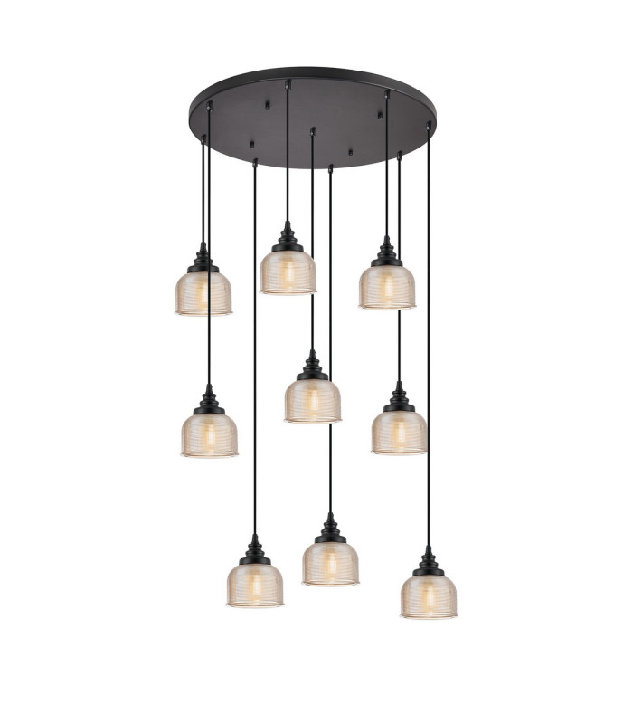 DeRuyter 9 Light Round Pendant E27 Satin Black/Prismatic Dome Glass Amber-5