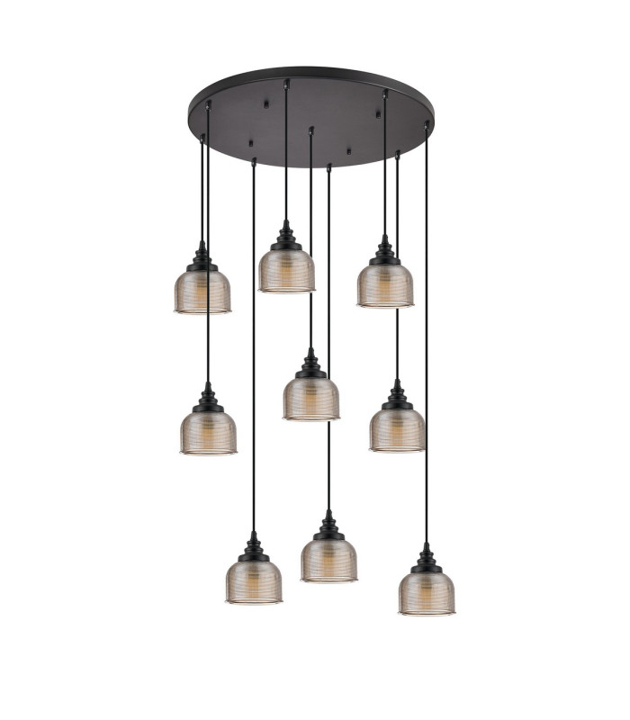 DeRuyter 9 Light Round Pendant E27 Satin Black/Prismatic Dome Glass Amber-9