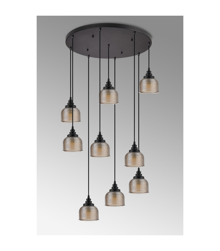DeRuyter 9 Light Round Pendant E27 Satin Black/Prismatic Dome Glass Amber-10