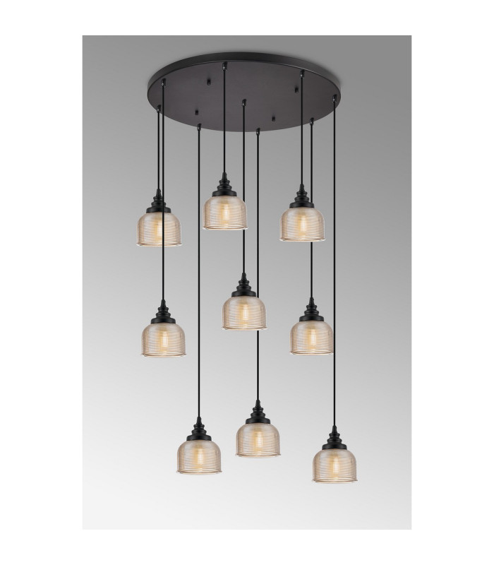 DeRuyter 9 Light Round Pendant E27 Satin Black/Prismatic Dome Glass Amber-11