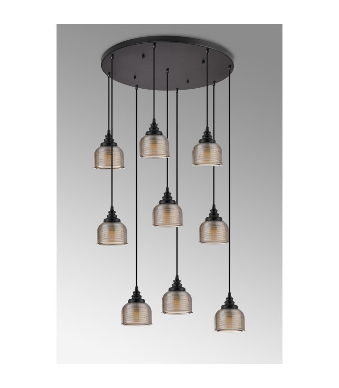 DeRuyter 9 Light Round Pendant E27 Satin Black/Prismatic Dome Glass Amber-12