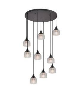 DeRuyter 9 Light Round Pendant E27 Satin Black/Prismatic Dome Glass Clear-1