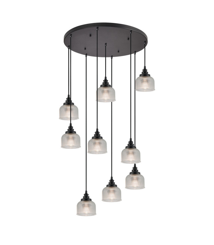 DeRuyter 9 Light Round Pendant E27 Satin Black/Prismatic Dome Glass Clear-1