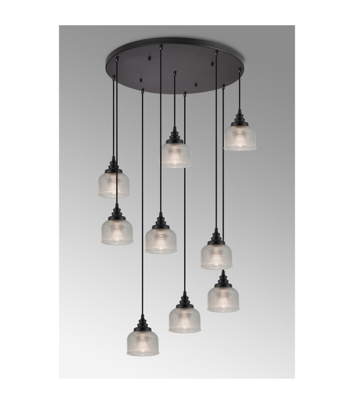 DeRuyter 9 Light Round Pendant E27 Satin Black/Prismatic Dome Glass Clear-3