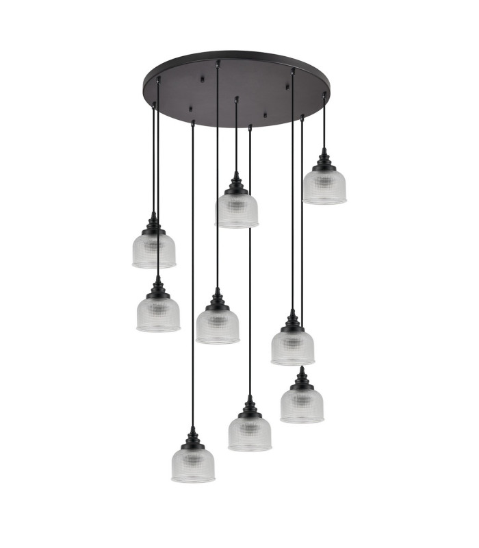 DeRuyter 9 Light Round Pendant E27 Satin Black/Prismatic Dome Glass Clear-4