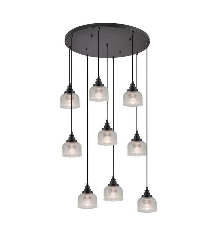 DeRuyter 9 Light Round Pendant E27 Satin Black/Prismatic Dome Glass Clear-5