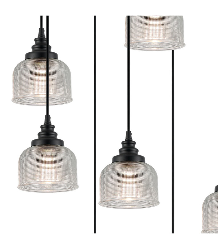 DeRuyter 9 Light Round Pendant E27 Satin Black/Prismatic Dome Glass Clear-7