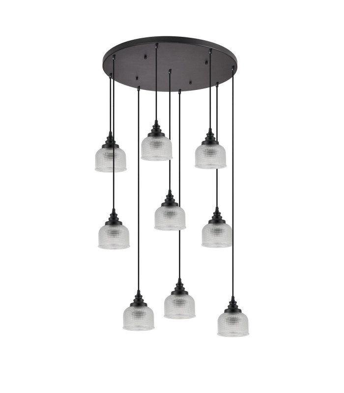 DeRuyter 9 Light Round Pendant E27 Satin Black/Prismatic Dome Glass Clear-9