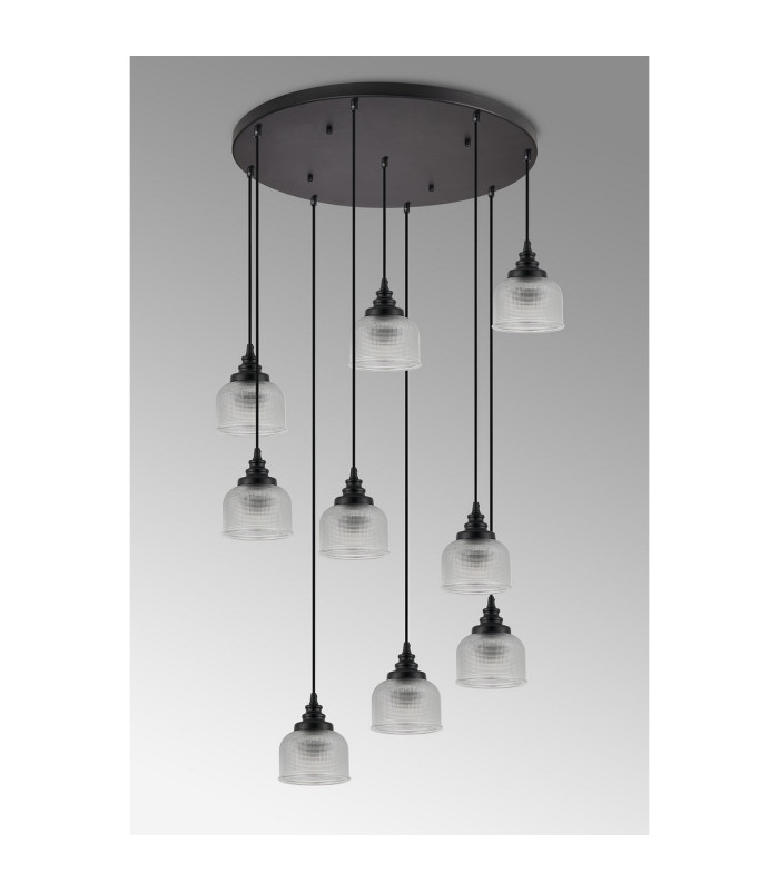 DeRuyter 9 Light Round Pendant E27 Satin Black/Prismatic Dome Glass Clear-10