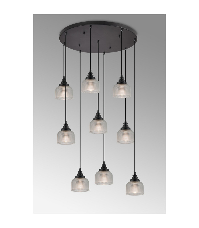 DeRuyter 9 Light Round Pendant E27 Satin Black/Prismatic Dome Glass Clear-11