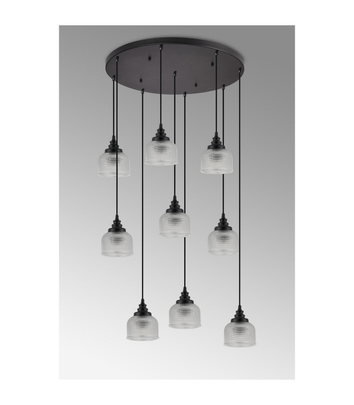 DeRuyter 9 Light Round Pendant E27 Satin Black/Prismatic Dome Glass Clear-12