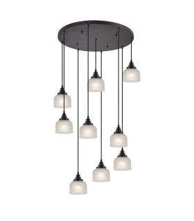 DeRuyter 9 Light Round Pendant E27 Satin Black/Prismatic Dome Glass Frosted-1