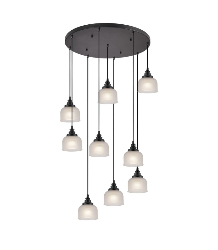 DeRuyter 9 Light Round Pendant E27 Satin Black/Prismatic Dome Glass Frosted-1