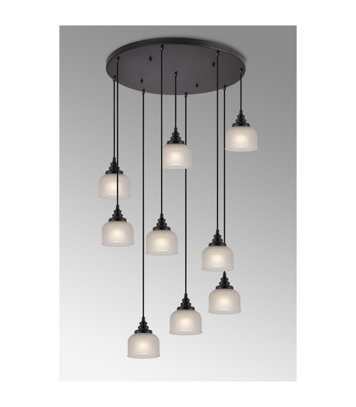 DeRuyter 9 Light Round Pendant E27 Satin Black/Prismatic Dome Glass Frosted-3