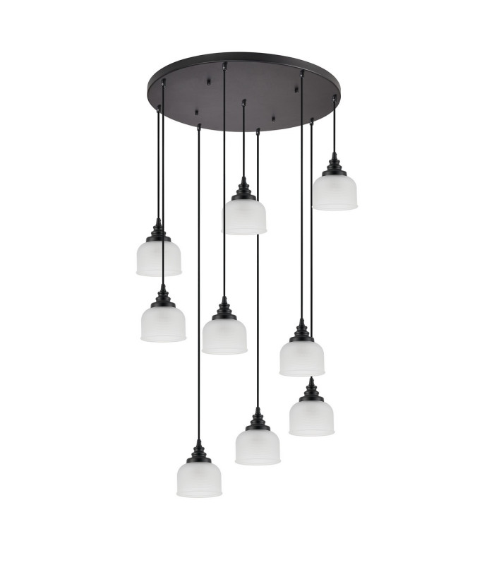 DeRuyter 9 Light Round Pendant E27 Satin Black/Prismatic Dome Glass Frosted-4