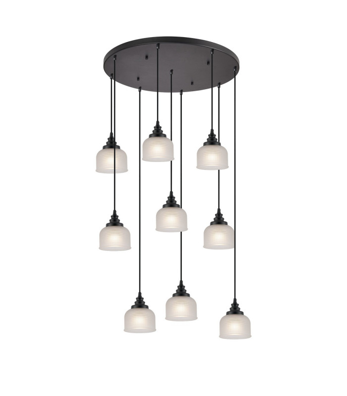 DeRuyter 9 Light Round Pendant E27 Satin Black/Prismatic Dome Glass Frosted-5
