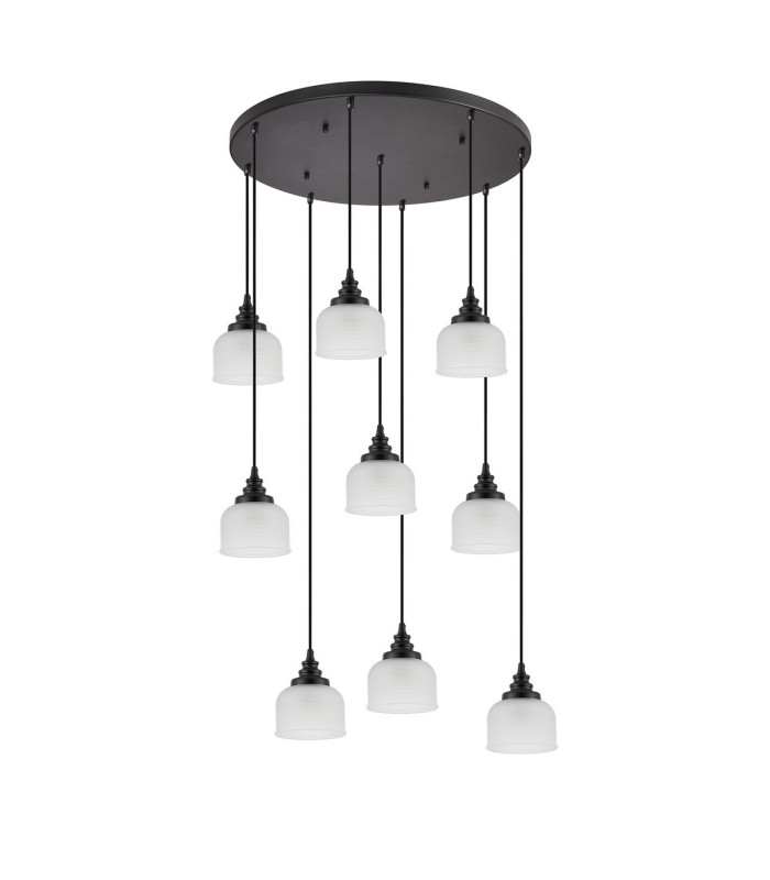 DeRuyter 9 Light Round Pendant E27 Satin Black/Prismatic Dome Glass Frosted-9