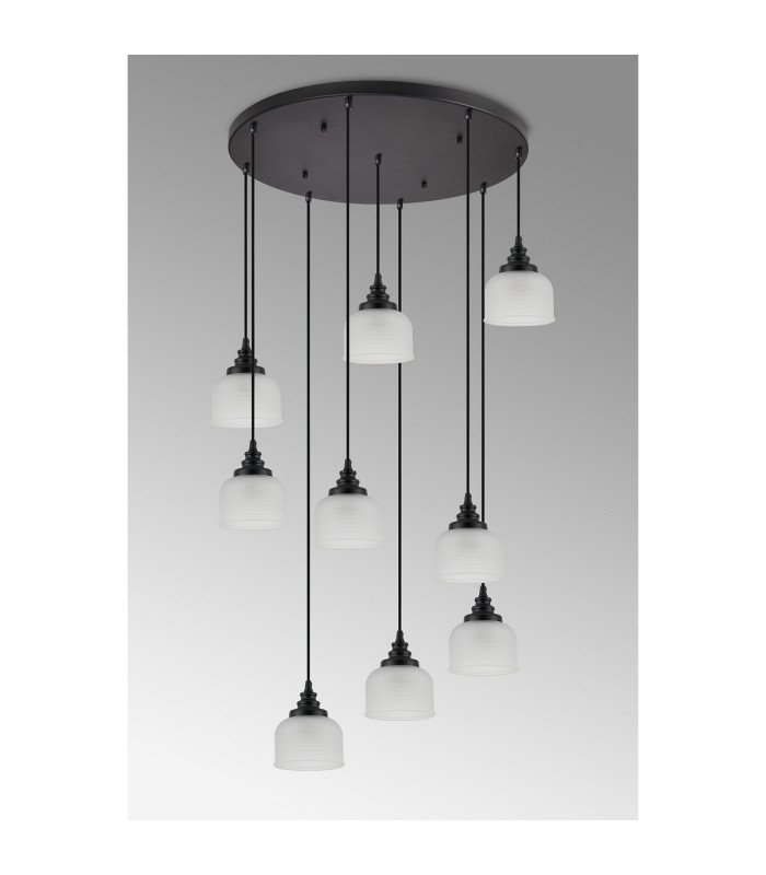 DeRuyter 9 Light Round Pendant E27 Satin Black/Prismatic Dome Glass Frosted-10