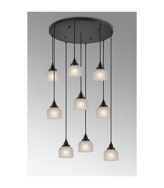 DeRuyter 9 Light Round Pendant E27 Satin Black/Prismatic Dome Glass Frosted-11