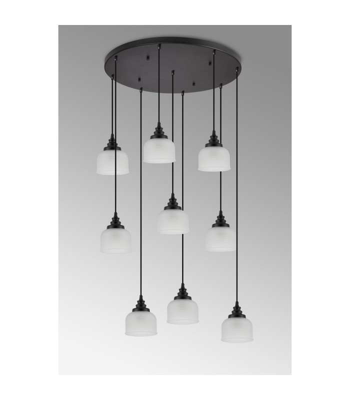 DeRuyter 9 Light Round Pendant E27 Satin Black/Prismatic Dome Glass Frosted-12