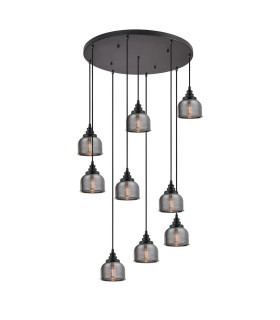 DeRuyter 9 Light Round Pendant E27 Satin Black/Prismatic Dome Glass Smoke-1