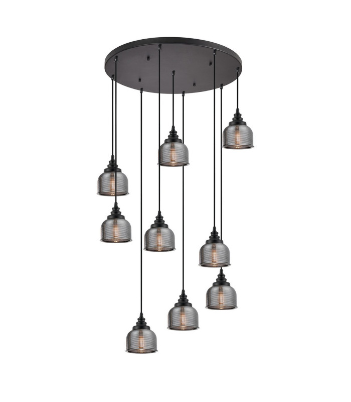 DeRuyter 9 Light Round Pendant E27 Satin Black/Prismatic Dome Glass Smoke-1